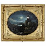 Musical Picture Clock, c. 1850Oil on metal, view of a church in moonlit river valley, with single-