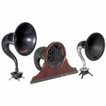 3 Radio Horn Loudspeakers1) Blue Spot Super Tone, Great Britain. Wood front-panel. - 2) Echophone