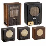 5 German "Volksempfänger" Radios, 1933-441) VE 301 G (direct current), Lorenz, Berlin, 2 tubes, wood