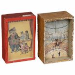 2 Sand Toy Acrobats, c. 1930sGermany. 1) Somersaulting mouse with cat organ-grinder, ht. 7 in. (17,5