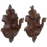 Pair of Black Forest Musical Coat Hooks, c. 1890Carved walnut shields with chamoix hunting