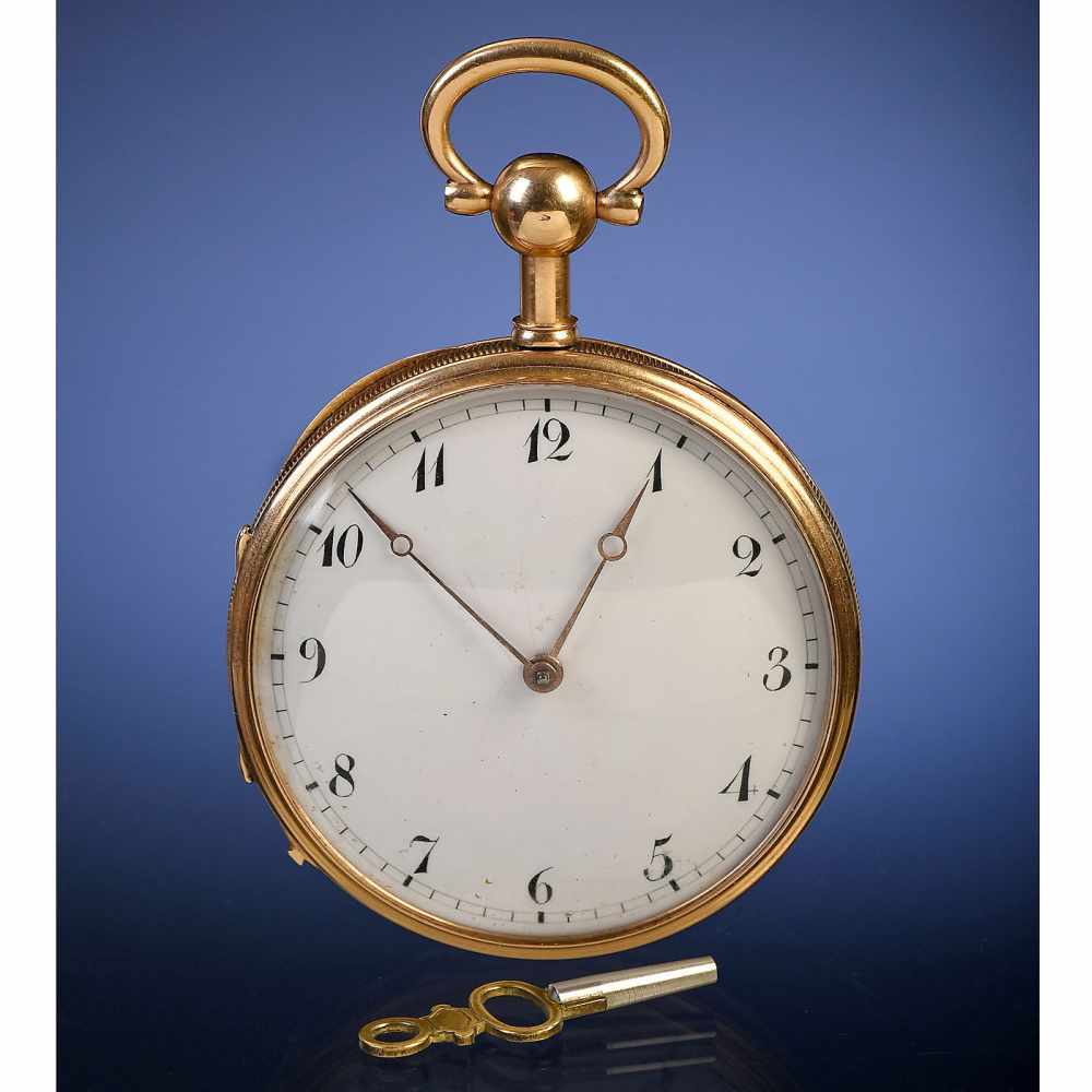 18-Carat Gold Musical Sur-Plateau Pocket Watch, c. 1815With 2-inch (5 cm) enameled Arabic dial,