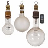 3 High-Power Light Bulbs, c. 1920Gas-filled tungsten lamps, 220 V, Edison E40 bases, brass