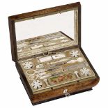 Early Musical Sewing Necessaire, c. 1830No. 147, with recessed tray containing steel, mother-of-