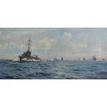 Roland Langmaid (British 1897-1956)Battleships at seaOil on canvasSigned, lower right19.5 x 38cm