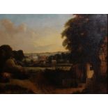 English School (19th century)Landscape with figures and buildingsOil on canvasHandwritten note verso