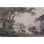 Dominic Serres (British circa 1761-1804)Man and horse in a villageWatercolourSigned, lower right23.5