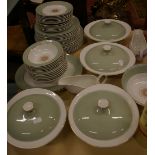 An Alfred Clough green banded part dinner set including four tureens (52-piece) and glassware