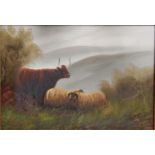 H WestHighland CattleOil, 22 x 33cm Together with another similar and a hunting scene indistinctly