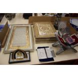 Islamic Items A small Koran stand, four silver plate panels engraved with Islamic scripts, a large