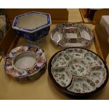 Two modern Chinese hors d'oeuvres sets, a blue and white jardinière and a rose bowl