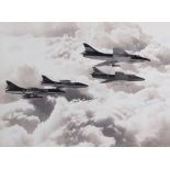 Test pilots; a group of framed photographs signed by 1950s aircraft test pilots including Peter