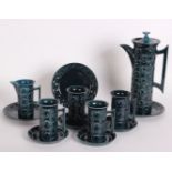 A Portmeirion turquoise glazed coffee set with four mugs (13) and a pair of green glass