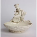 A sweet meat dish with young girl holding basket, painted and impressed mark 1890, w: 17.5cm