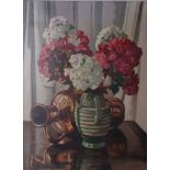 Merrell Hodges (British 20th century)Still life with flowersOil on canvasSigned lower right76 x
