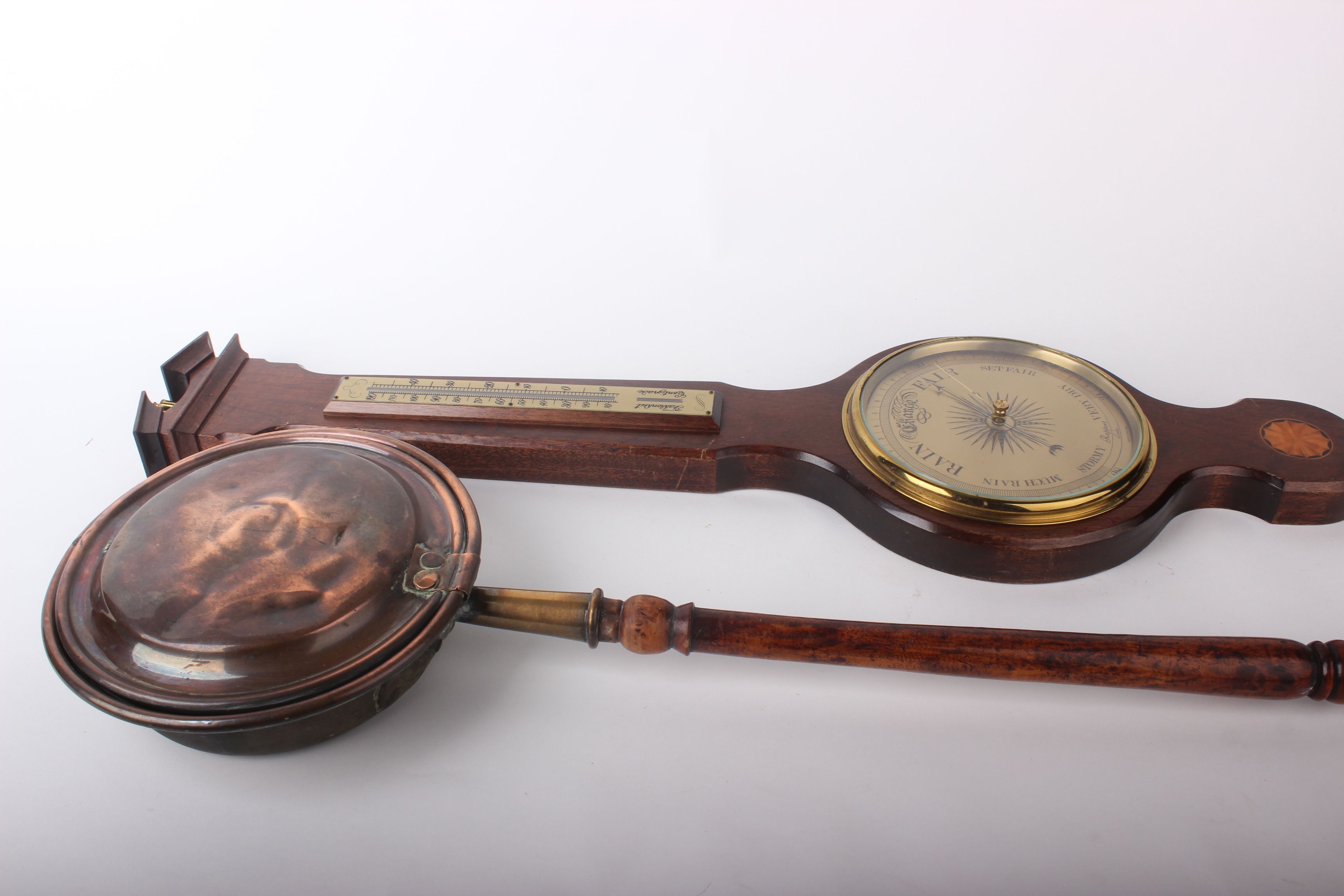 A banjo aneroid barometer, modern; a copper warming pan and a Chinese two section screen with bone - Image 2 of 2