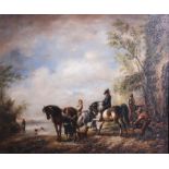 Manner of Philip Wouwerman (1619-1668) Figures on horseback beside others swimming in a riverOil