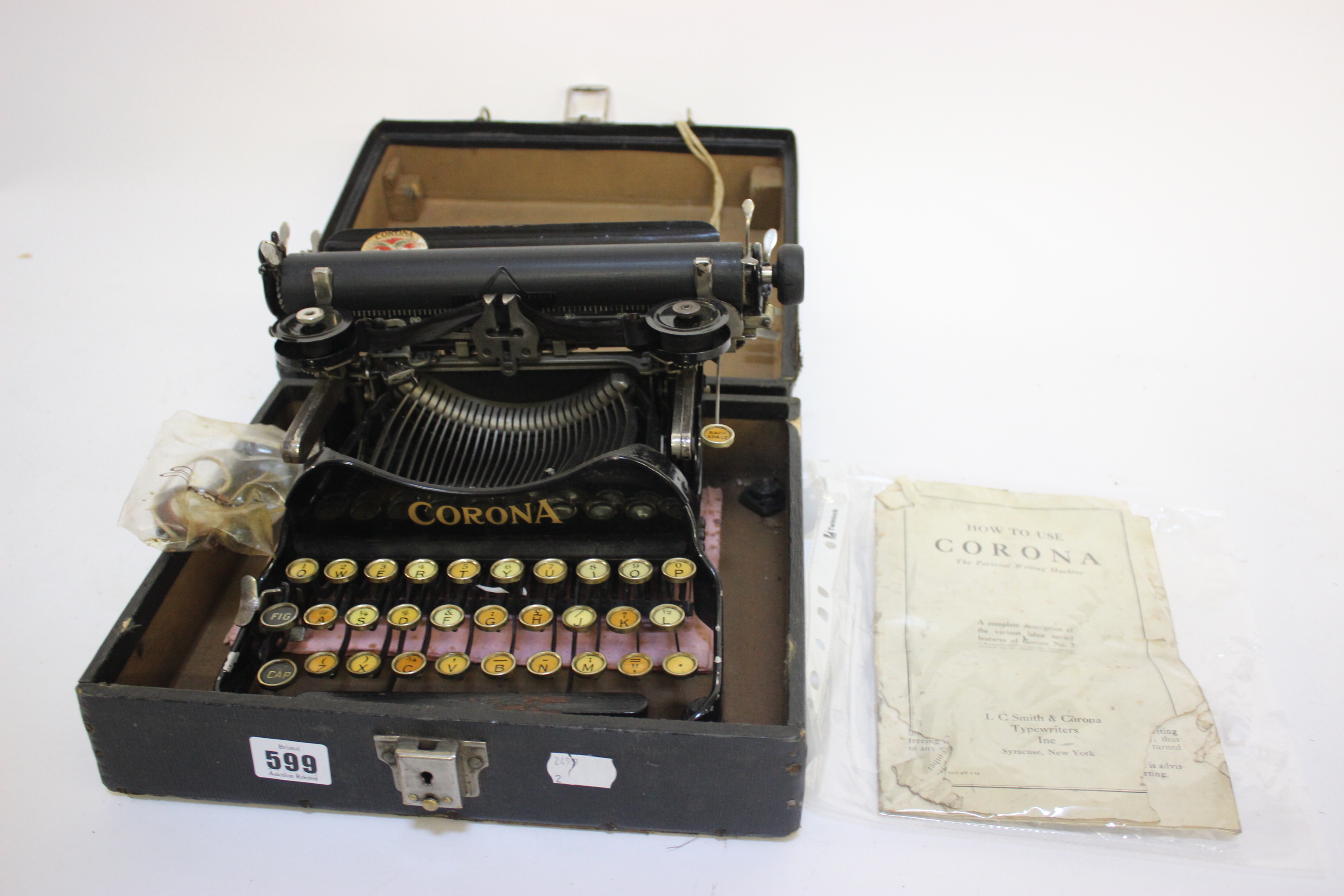 Typewriter; Corona No 3 portable S/N 453769 circa 1922 with instruction manual