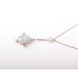 A gold, white opal and diamond drop pendant, top opal approx 6mm x 4mm with platinum fronted bar