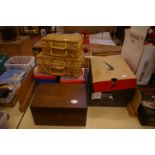 A Victorian mahogany sewing box with contents, four modern sewing boxes all with contents, two boxes