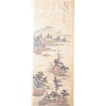 A pair of Chinese landscape scenes, with script each 84 x 30cm, together with a framed needlework of