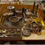 Silver plate: a three piece small tea set, tray, a pair of column candle sticks in Adam style, three