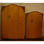 A 1960s birds eye maple and walnut bedroom suite, with a B S label, to include a larger wardrobe,