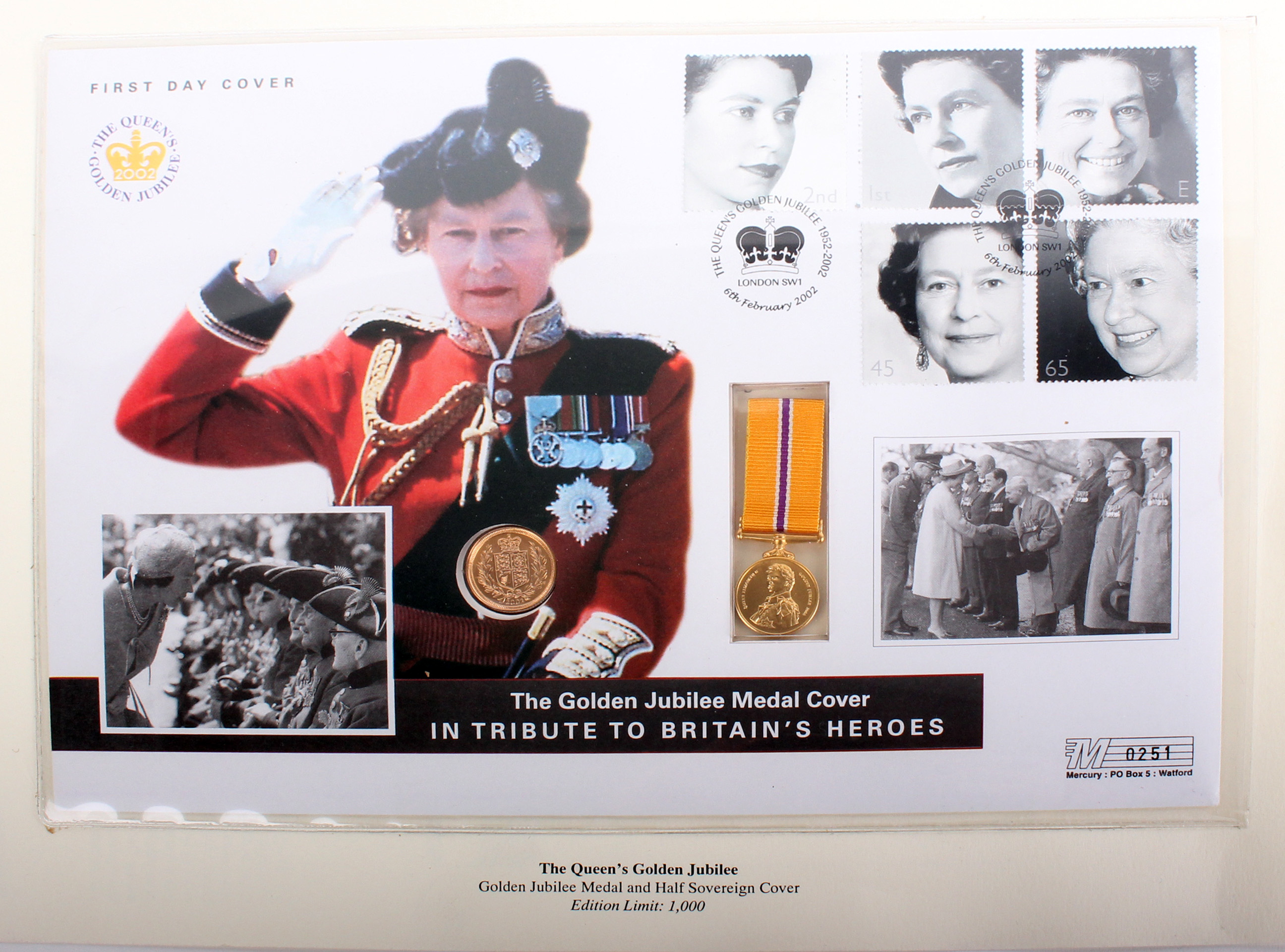 A Westminster Queens Golden Jubilee medal and half sovereign (2002) cover, carded, limited edition