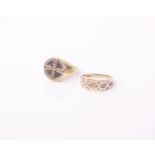 Two gentleman’s 9ct bi-colour gold and tiny diamond rings, comprising; a Celtic style round signet