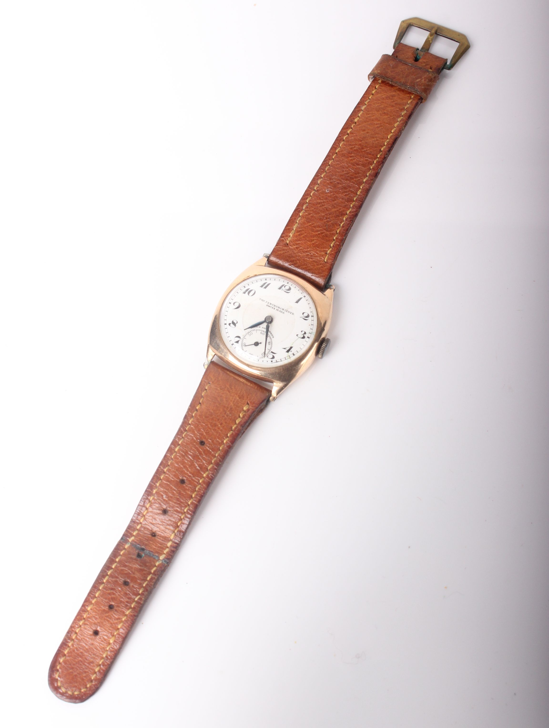 A lady's gold Tonneau shaped 'The Fenchurch Lever' wrist watch, stamped '9ct' - Image 2 of 3