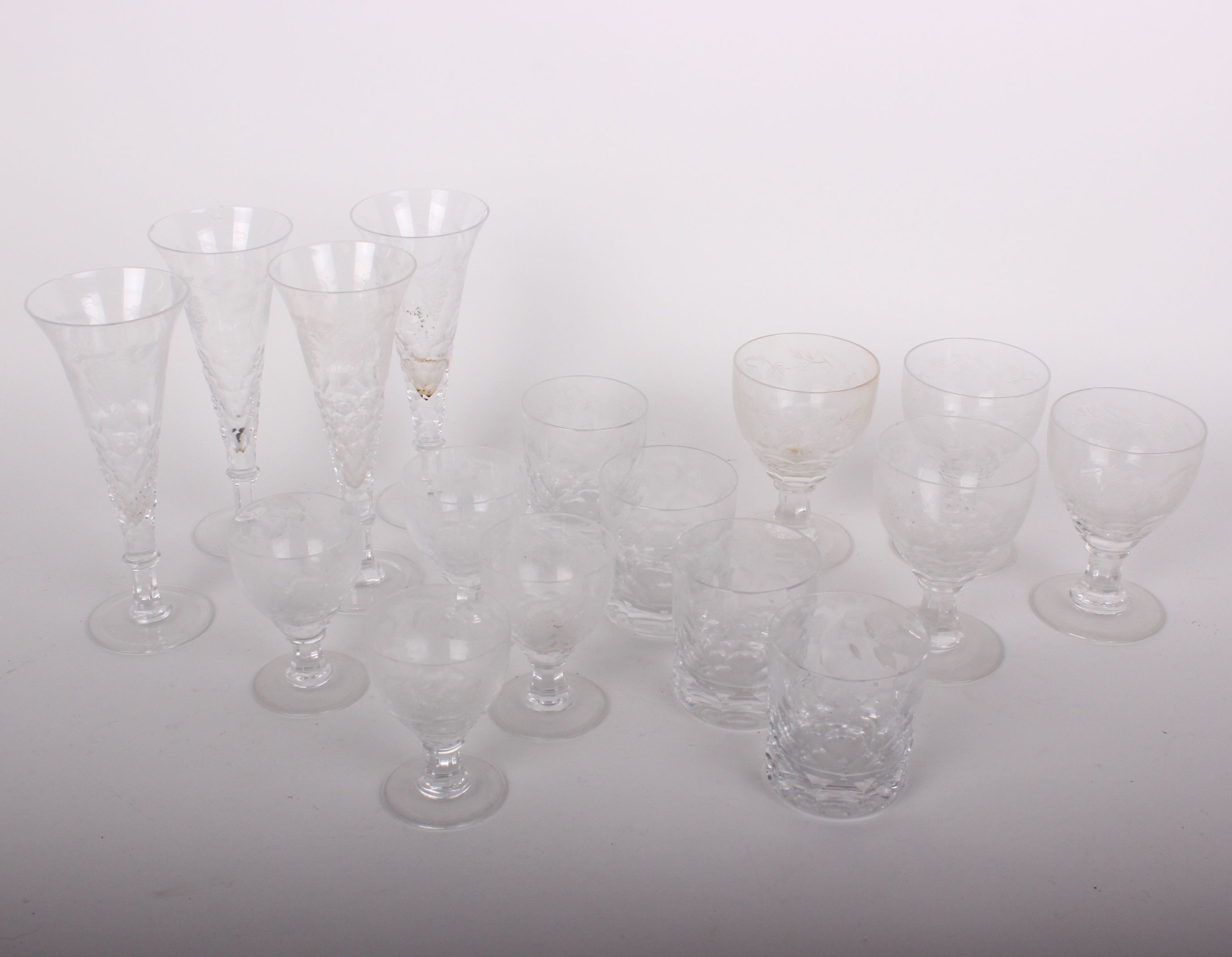 Glassware: part table set all engraved fruiting vine (twenty two pieces), three celery vases, a pair - Image 2 of 2