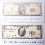 PCS: Denomination set of 1929 Federal Reserve bank notes (2), ten and five dollar, cased, with