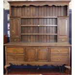 A George III style oak two part dresser with parquetry stringing 220cm high, 190cm wide