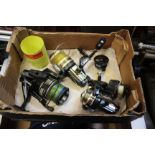 Fishing tackle: four reels including Project 8000 and a Ryobi GX-60, with a tackle box, including