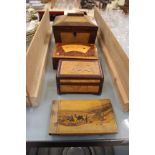 Boxes: a burr elm card box with inlaid top containing cards, a cribbage box, small tea caddy and