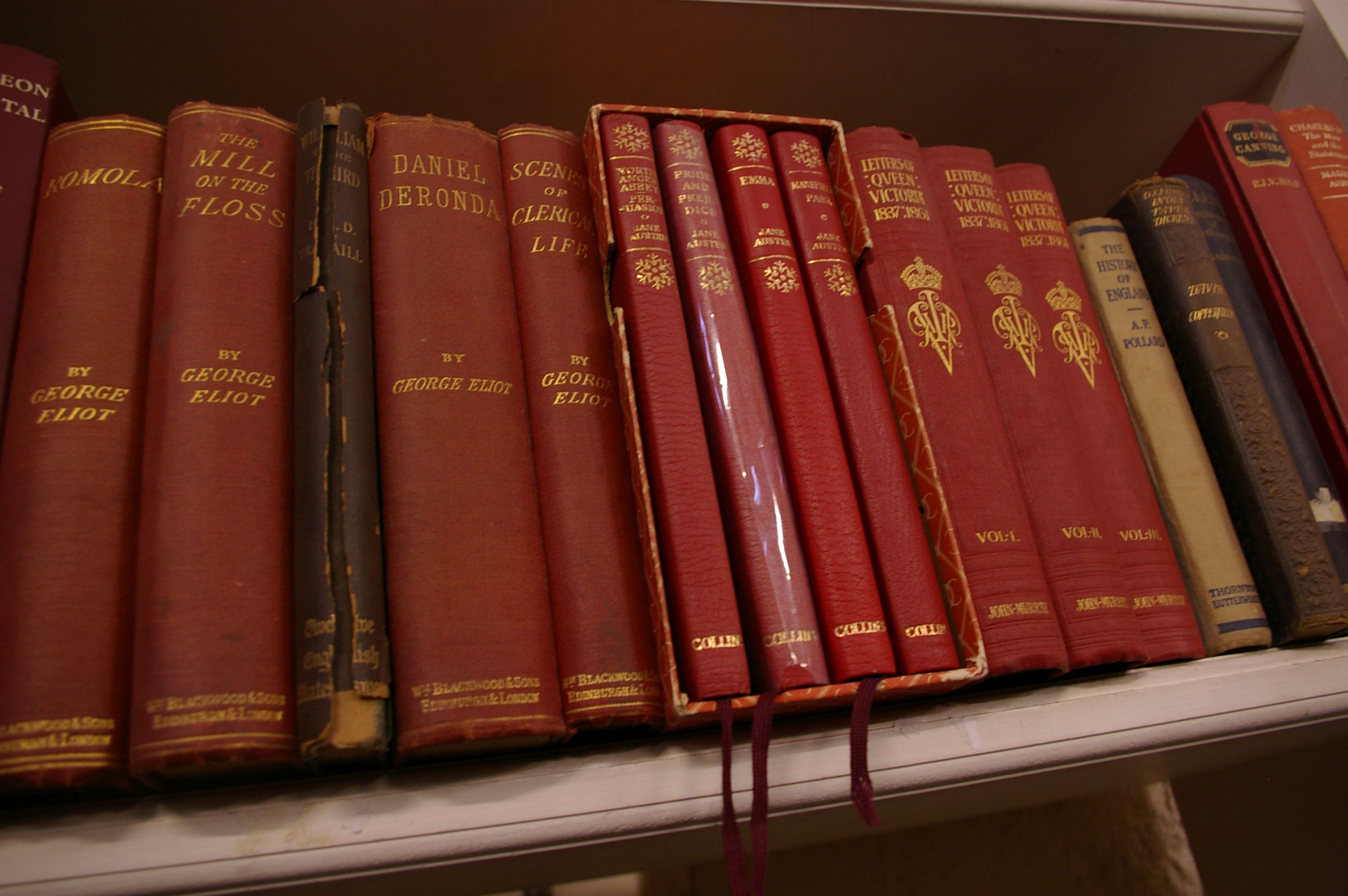 Books: mostly novels and poetry on two shelves including, fifteen volume set Charles Kingsley (