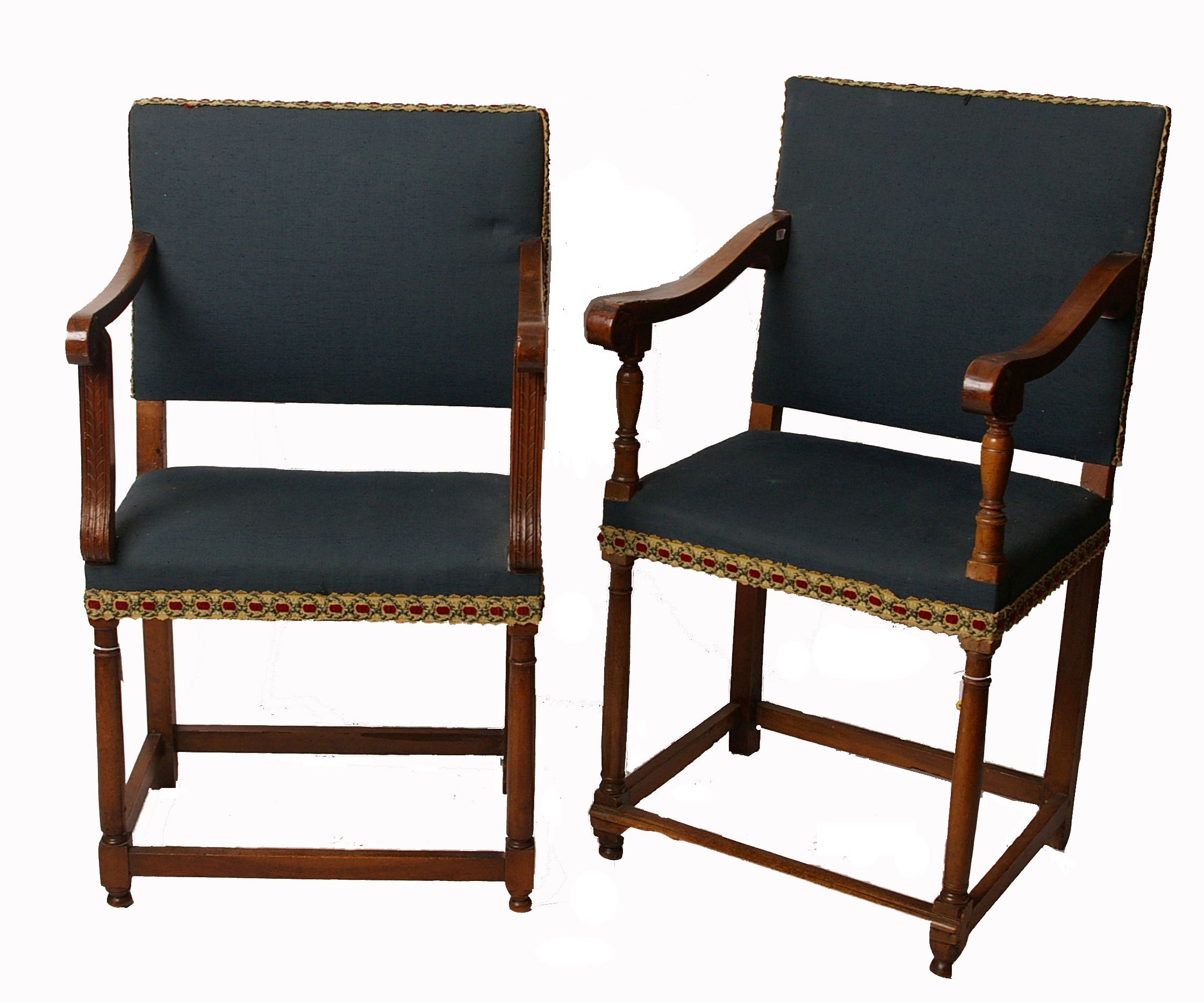 A pair of Continental walnut and upholstered armchairs, 17th century and later