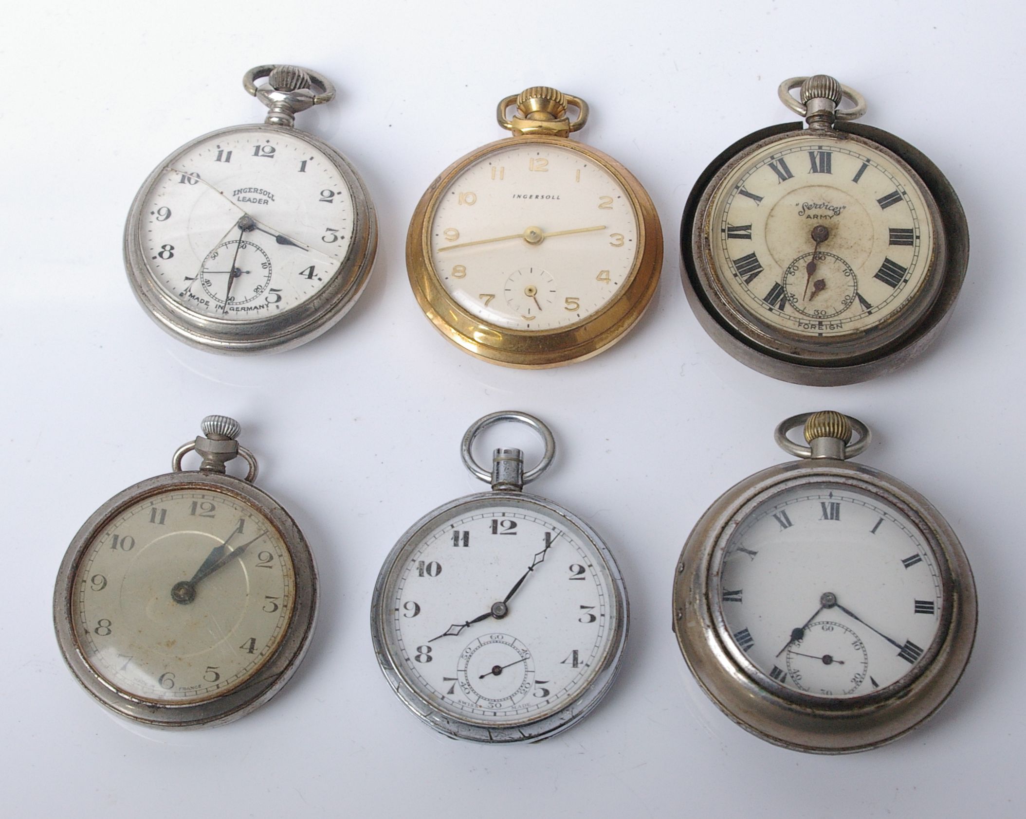 Six various open face keyless pocket watches