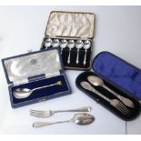 A collection of silver flatware, comprising; a Victorian christening spoon and fork, London 1868