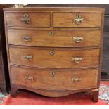 An early 19th century mahogany bowfront chest, 96cm high, 94cm wide, together with two later chest