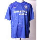 A blue Chelsea FC shirt signed by sixteen of the championship winning squad of 2006 in silver felt