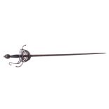 Sword: a rapier with swept quillions, open cup hilt and leather grip, straight double edged blade