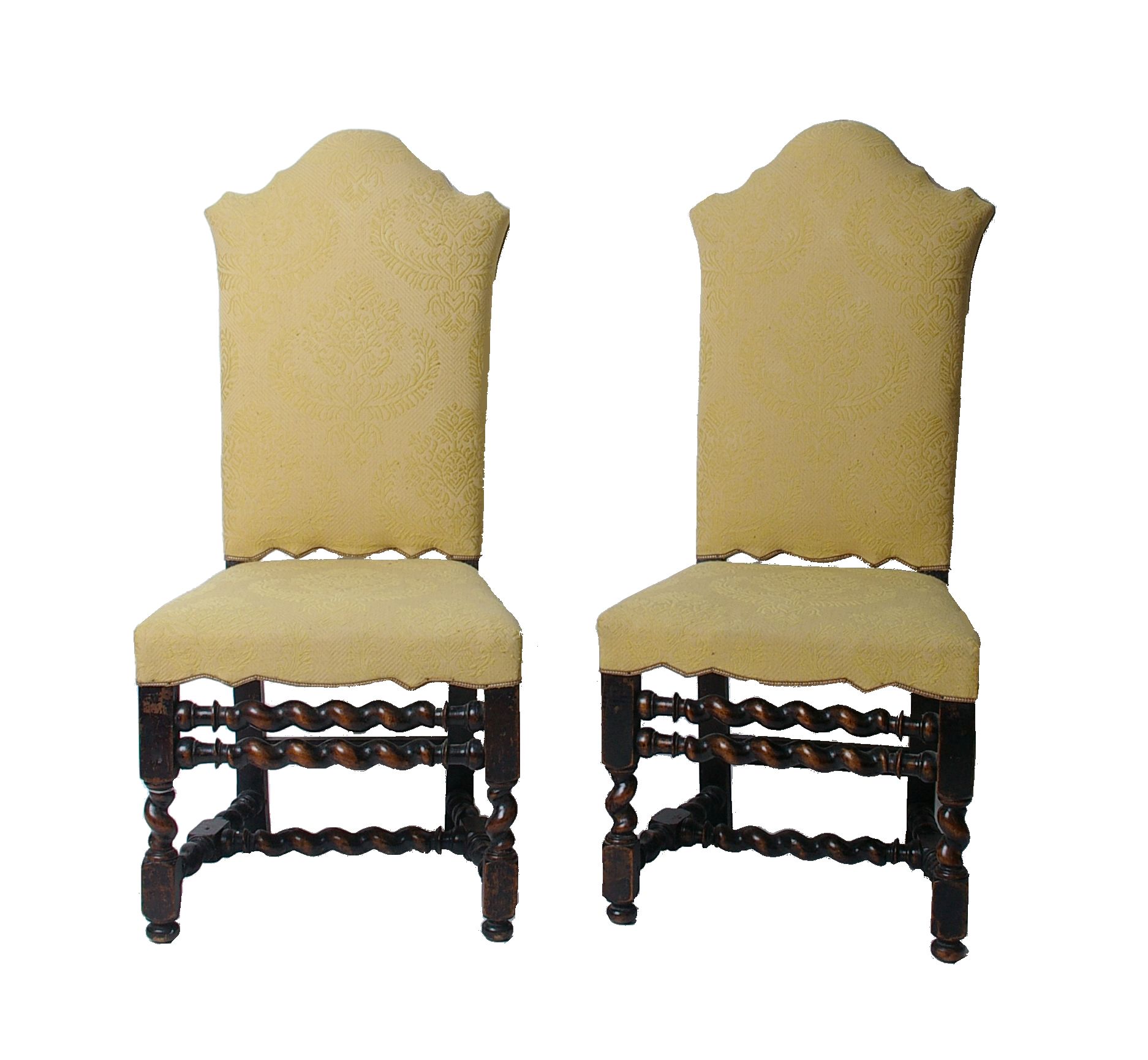 A pair of ebonised walnut highback side chairs , circa 1700, each with yellow upholstery