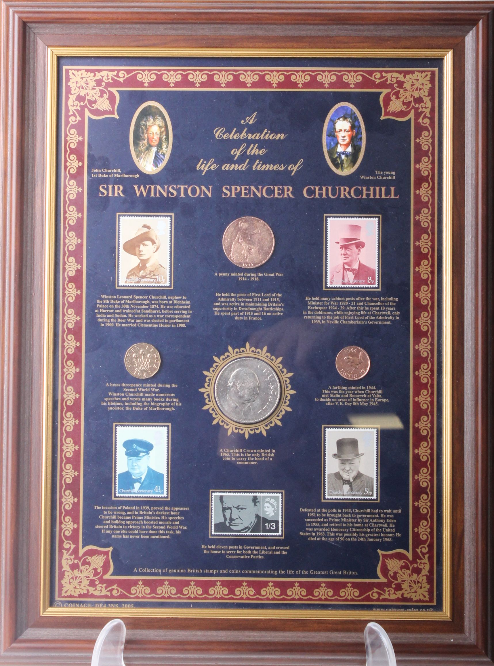 Two framed presentation sets; Churchill 50th Anniversary incorporating 4 coins and 5 stamps (