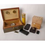 Smoking related: a Humidor with fittings in a good wooden box (modern), another cylinder 'shell