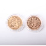 Westminster Golden Jubilee sovereign set; two gold sovereigns 1887 and 2002. Encapsulated and in one