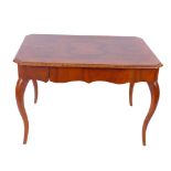 A Louis XV style burr walnut centre table on cabriole legs, with a shaped frieze and small drawer