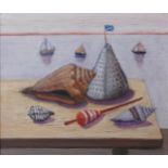 Jock Macinnes (b.1943)Seeboats [sic], SeashellsOil on gesso on board36 x 31cm