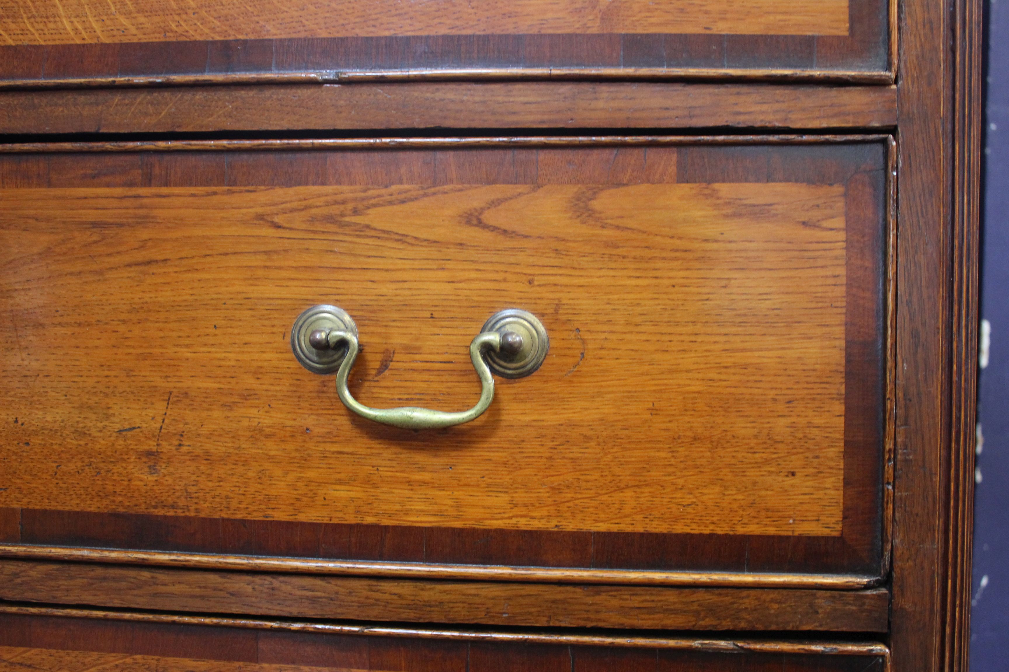 A George III stained oak chest on chest of two short and six long drawers with mahogany crossbanding - Image 2 of 3