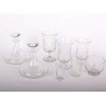 Glassware: part table set all engraved fruiting vine (twenty two pieces), three celery vases, a pair
